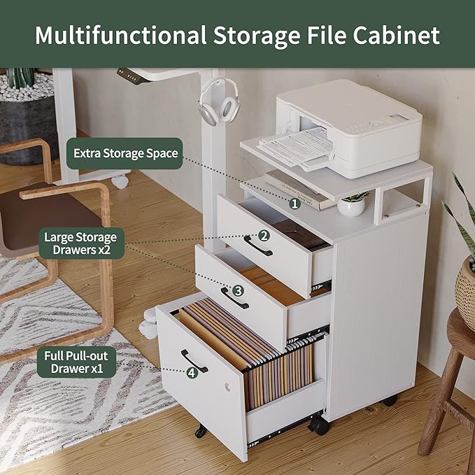 FEZIBO File Cabinet with Lock for Home Office, 3-Drawer Rolling Filing Cabinet, Home Office File Cabinet for A4/Letter/Legal Size, Printer Stand, Wooden Storage Cabinet, White - LeafyLoom