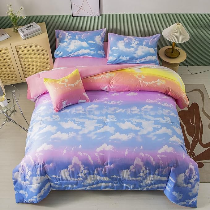 PERFEMET White Cloud Print Girls Comforter Set Queen Size 6 Pieces Teen Girl Tie Dye Bedding Set Colorful Rainbow Bed in A Bag Comforter Set with Sheets - LeafyLoom