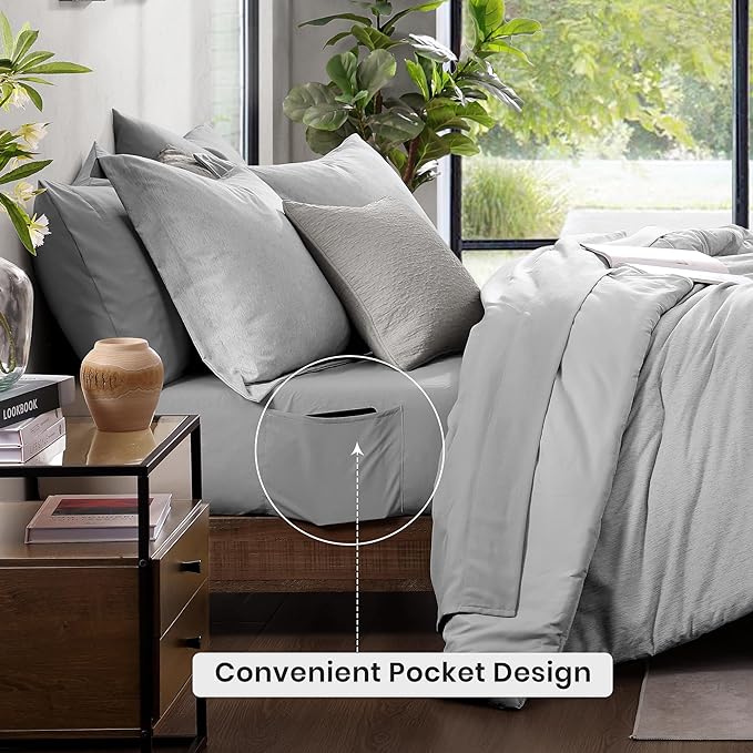 Monbix Full Size Comforter Set, Grey Bedding Comforter for Full Size Bed Set Reversible, Bedding Sets Full 7 Pieces, Cationic Dyeing Bed in a Bag with Comforter, Sheets, Pillowcases & Shams - LeafyLoom