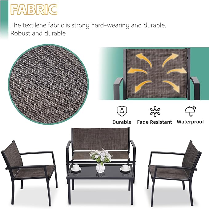 4 Pieces Patio Furniture Set Outdoor Garden Patio Conversation Sets Poolside Lawn Chairs with Tempered Glass Coffee Table Loveseat Porch Furniture Textilene Fabric Brown - LeafyLoom