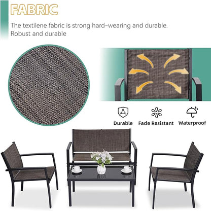 4 Pieces Patio Furniture Set Outdoor Garden Patio Conversation Sets Poolside Lawn Chairs with Tempered Glass Coffee Table Loveseat Porch Furniture Textilene Fabric Brown - LeafyLoom