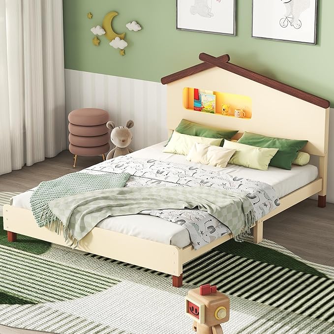 Full Size Bed Frame for Kids,Full Platform Bed with House-Shaped Headboard and Motion Activated Night Lights,Wood Full Kids Bed Frame for Girls,Boys(Full,Cream) - LeafyLoom