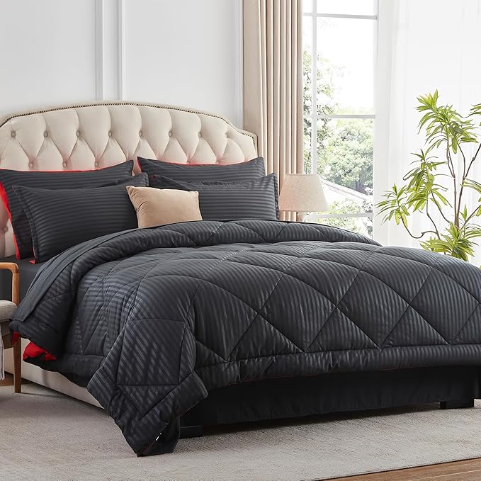 NexHome Black/Red King Bed in a Bag 7-Pieces Comforter Sets with Comforter and Sheets Soft All Season Bedding Sets with Comforter, Pillow Shams, Flat Sheet, Fitted Sheet and Pillowcases - LeafyLoom