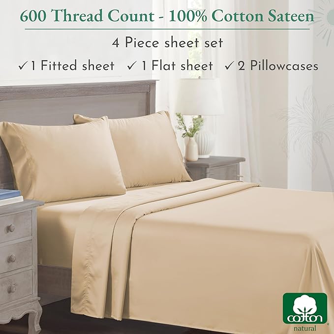 California Design Den 600 Thread Count Sheets Queen 100% Cotton Sateen, Soft, Cooling Extra Deep Pocket Sheet, Hotel-Quality Bedding Sheets & Pillowcases - Beige - LeafyLoom