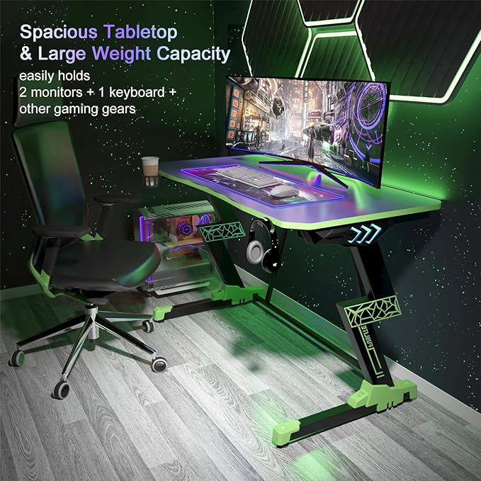 Gaming Desk 47 inch, PC Computer Desk RGB Light Gaming Table with Cup Holder, Earphone Hook, Power Strip Box, Green - LeafyLoom