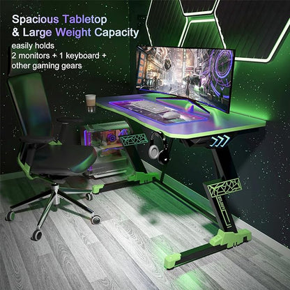 Gaming Desk 47 inch, PC Computer Desk RGB Light Gaming Table with Cup Holder, Earphone Hook, Power Strip Box, Green - LeafyLoom