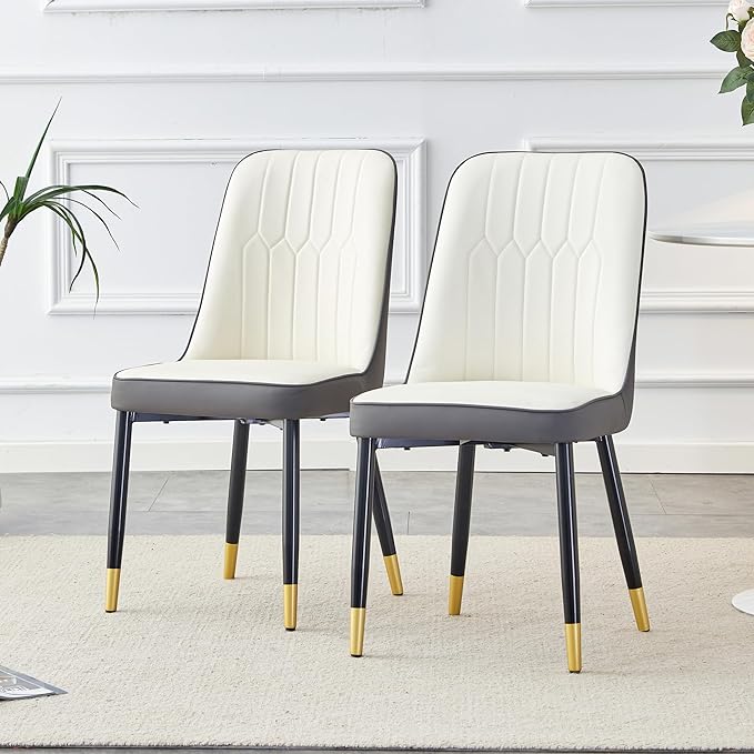 Modern Set of 2, Faux Leather Dining PU Upholstered Kitchen Chair with Black Golden Metal Legs for Home Living Room, Restaurant, 2 Piece, White+gray - LeafyLoom