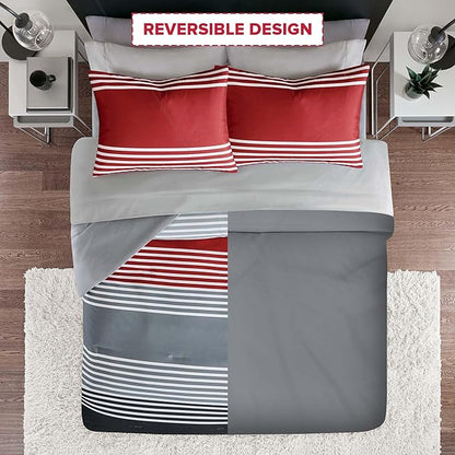 Comfort Spaces Queen Comforter Sets with Sheets - Bed in a Bag 9 Pieces Teen Bedding Sets Queen, Red and Grey Stripes Bedding Queen, College Queen Bed Set with 2 Side Pockets Bedroom Organizer - LeafyLoom