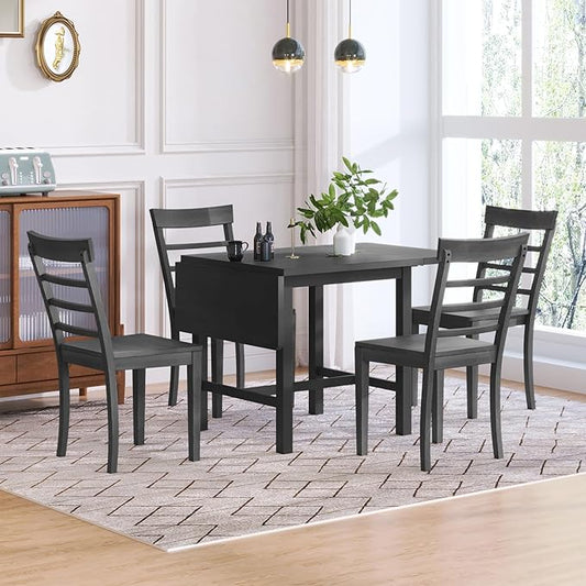 Modern Style Square Drop Leaf Extendable 4 Ladder Back Chairs and 1, Rubber Wood, Easy Assembly&Maintenance, Room Kitchen, 5 Piece Dining Table Set, Gray 13 - LeafyLoom