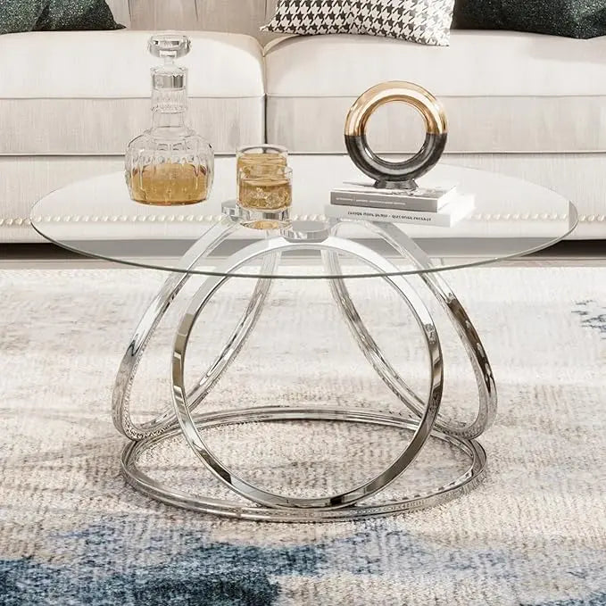 O&K FURNITURE Round Coffee Table, Modern Silver Coffee Table Living Room Table with Ring-Shaped Frames, Glass Coffee Table for Home&Office, Chrome Finish, 1 PC - LeafyLoom