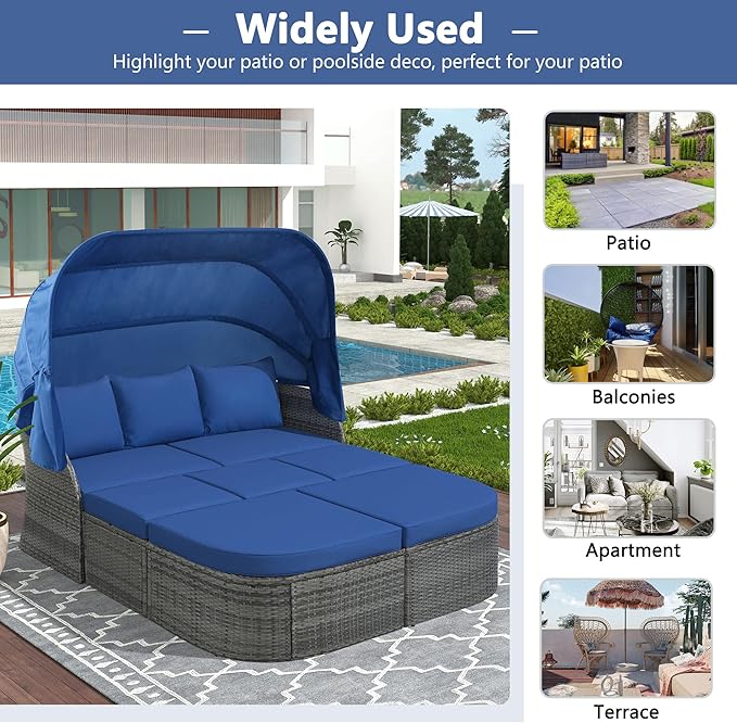 Rectangle Furniture Daybed Sunbed with Retractable Canopy, Outdoor Wicker Conversation Set with Cushions for Patio, Backyard, Porch, Garden, Bc-Blue + Rattan - LeafyLoom