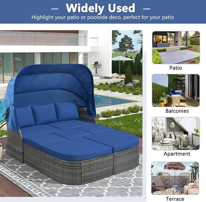 Rectangle Furniture Daybed Sunbed with Retractable Canopy, Outdoor Wicker Conversation Set with Cushions for Patio, Backyard, Porch, Garden, Onesize, Bb-Blue - LeafyLoom