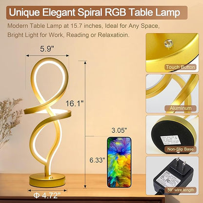 Modern Table Lamp,RGB Table Lamp，LED Spiral Lamp, Gold Bedside Lamp with 7 Colors 10 Light Modes, Touch Dimmable Nightstand Lamp for Bedroom Living Room Home Office, 15W - LeafyLoom