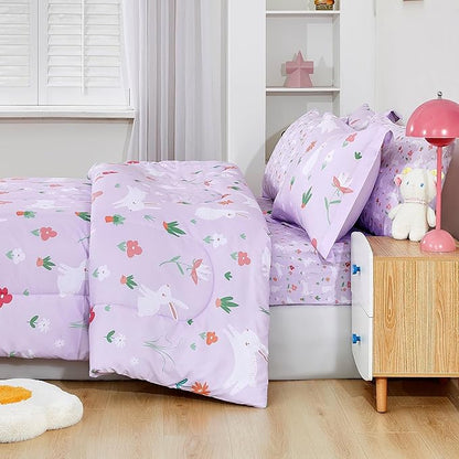 Mooreeke Bed in a Bag for Kids Girls Teens, 7 Pieces Full Size Comforter Bed Set with Shams, Sheet Set, Rabbit Purple Super Soft Microfiber Kids Comforter Bedding Set - LeafyLoom