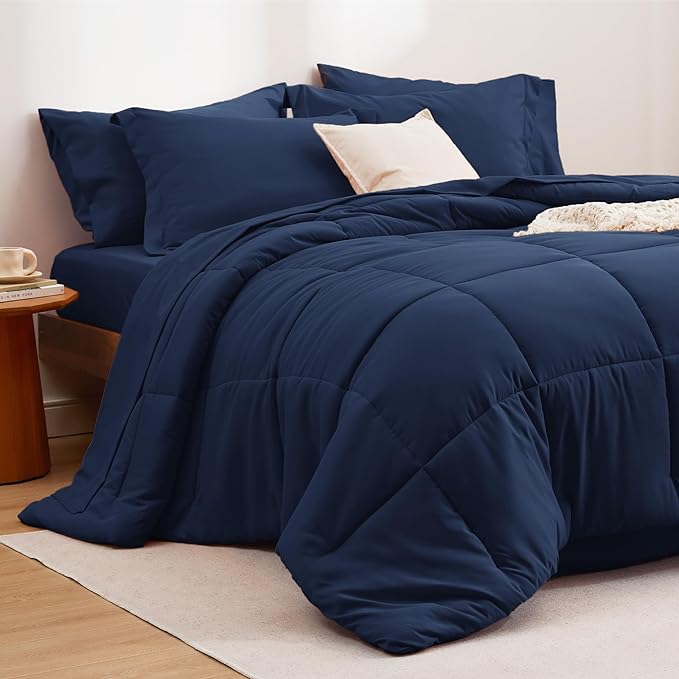 Bedsure Navy Bedding Sets Queen - 7 Pieces Solid Queen Bed in a Bag, Queen Bed Set Navy with Quilted Warm Fluffy Comforters, Sheets, Pillowcases & Shams - LeafyLoom