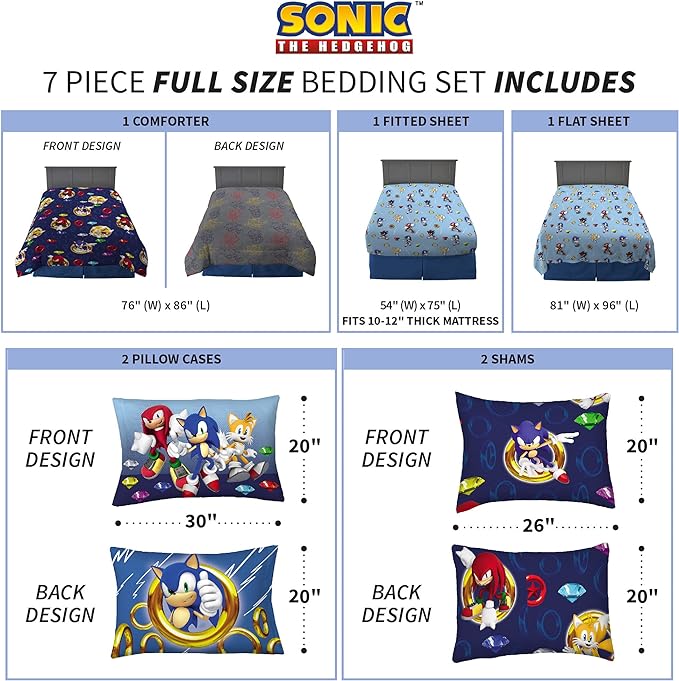 Franco Kids Bedding Super Soft Comforter and Sheet Set with Sham, 7 Piece Full Size, Sonic The Hedgehog - LeafyLoom