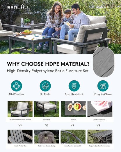 SERWALL HDPE Patio Coversation Set, 7-piece Outdoor Sectional Sofa Set, All Weather Patio Couch Set Patio Furniture for Balcony, Deck, Grey Frame with Khaki Cushion - LeafyLoom