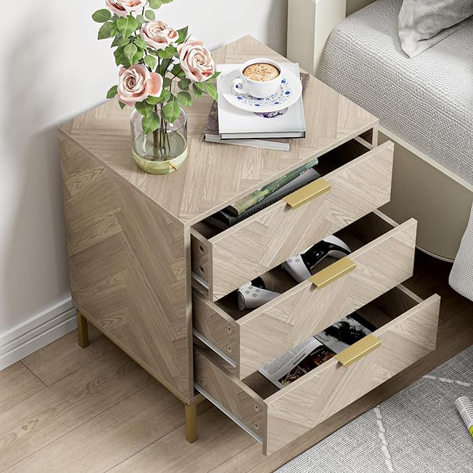 Anmytek 3 Drawer Nightstand for Bedroom, Modern Wood Nightstand Square Bedside Table End Table with Storage for Bedroom Room, Sofa, Natural Oak, H0099 - LeafyLoom