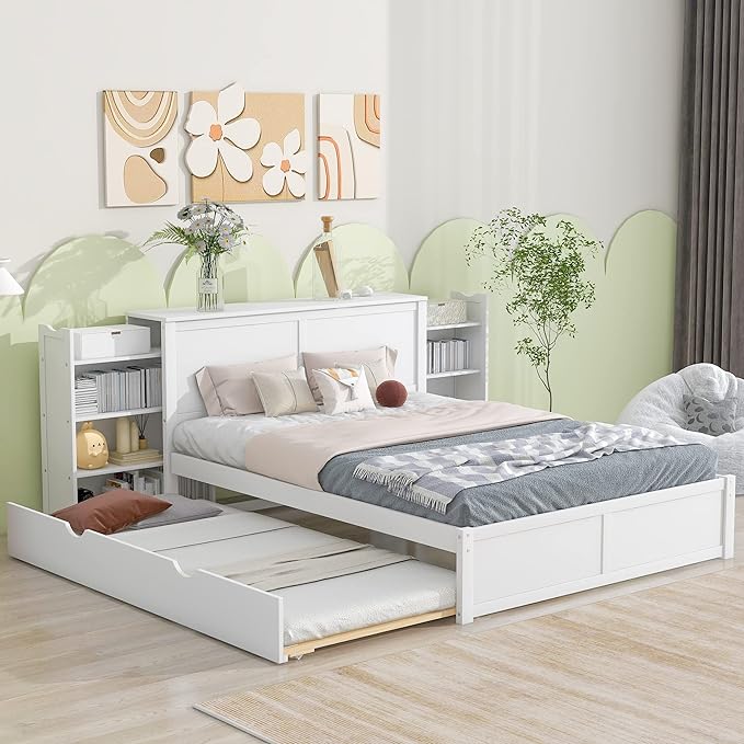 Queen Size Bed Frame with Headboard and Twin XL Trundle, Wood Queen Size Platform Bed with Pull Out Storage Shelves Headboard for Bedroom, White - LeafyLoom