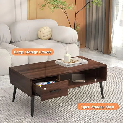 HAIOOU Coffee Table, Mid Century Modern Style Cocktail Table TV Stand with Drawer, Open Storage Shelf, Stable Floor-Anti-Scratching Pine Leg for Home, Office, Living Room - Walnut - LeafyLoom