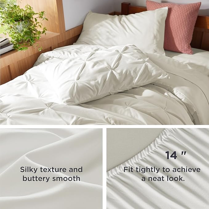 Bedsure Twin XL Comforter Set - Extra Long 5 Pieces Dorm Bedding Sets, Pinch Pleat Ivory Bed in a Bag with Comforter, Sheets, Pillowcase & Sham - LeafyLoom