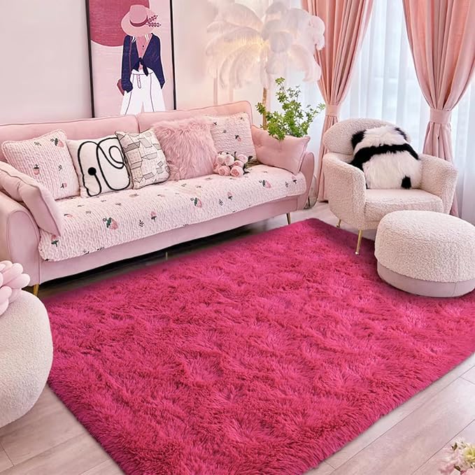 Softlife Rug for Living Room 5.3x7.6 Feet Area Rug for Bedroom Super Soft Shaggy Rugs for Kids Room Fluffy Fuzzy Carpets Long Plush Bedside Rug Nursery Christmas Home Decor for Boys Girls, Rose Red - LeafyLoom