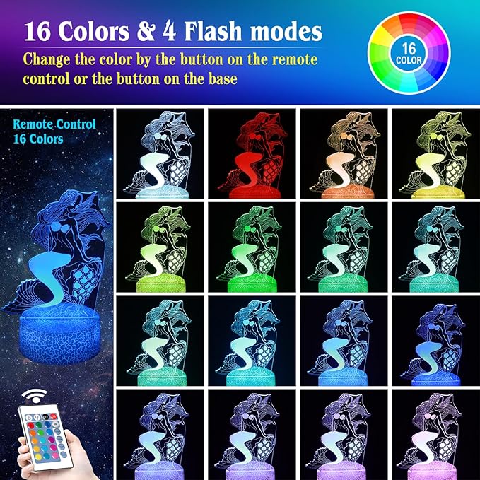 Mermaid Night Light,Gifts for Girls, 3D Illusion Lamp,Kids Bedside Lamp,16 Color Change Decor Lamp with Remote & Smart Touch, Gifts for Christmas Birthday - LeafyLoom