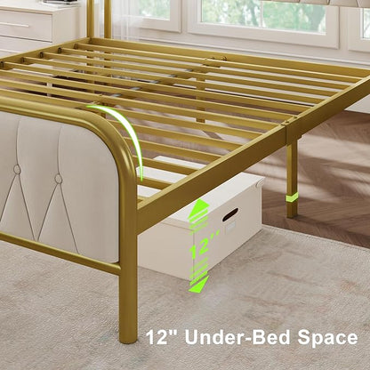 Feonase Queen Bed Frame with Type-C & USB Port, Metal Platform Beds, with Velvet Upholstered Headboard & Footboard, 12" Underbed Storage Space, Easy Assembly, Noise-Free, Gold&Beige - LeafyLoom