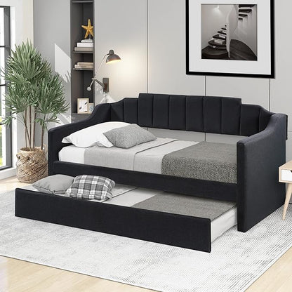 Moden Upholstered Twin Daybed with Trundle, Twin Size Sofa Bed Wood Bed Frame for Bedroom Living Room, No Box Spring Needed, Black - LeafyLoom