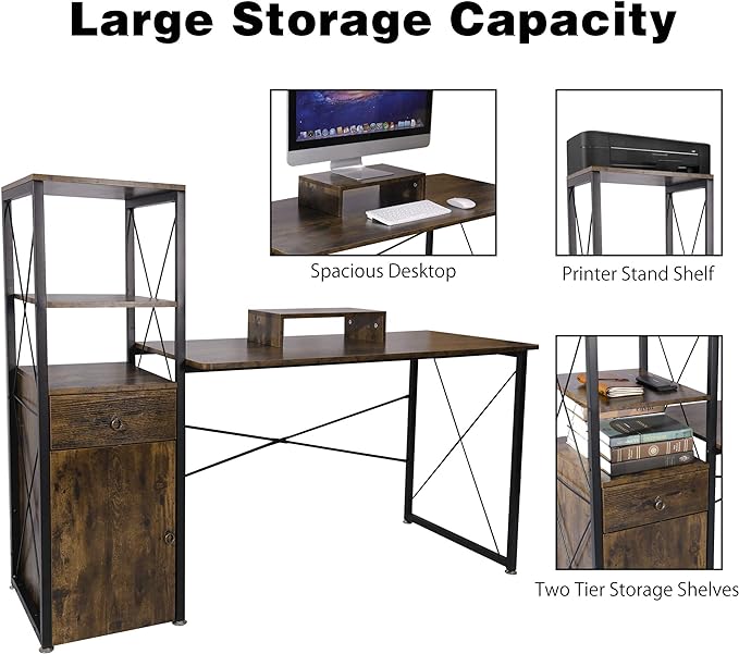 Becko US Computer Desk 63 Inch with Drawer & Storage Shelves, Home Office Desk with Removable Monitor Stand, Writing Gaming Table for Home Office (Rustic Brown) - LeafyLoom