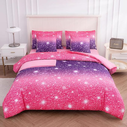 Full Size Bedding Sets Kids Bedding Sets for Girls,Galaxy Bedding 7pieces Glitter Pink Comforter Colorful Comforter Full Size Comforter Sets for Teen Girls(Purple) - LeafyLoom