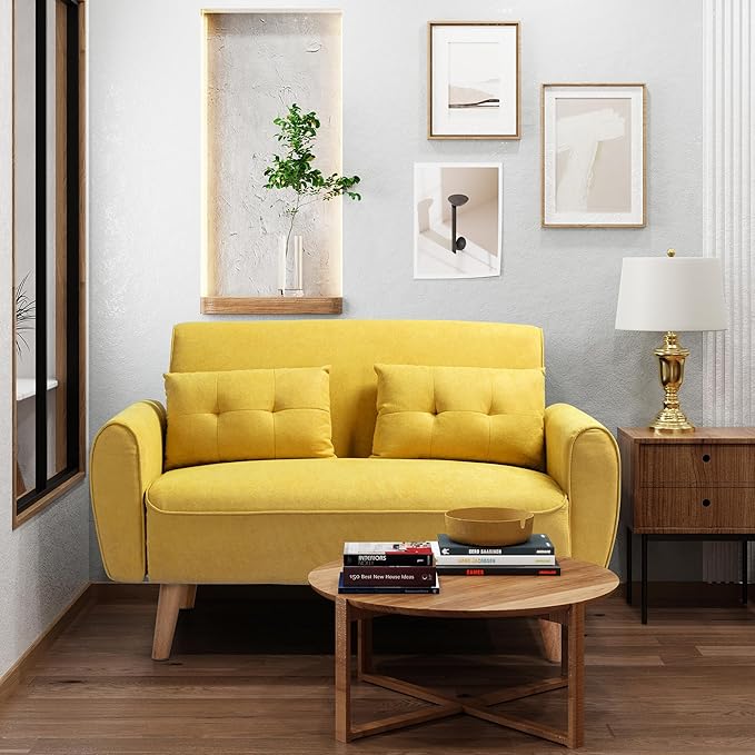 Shintenchi 47" Small Modern Loveseat Couch Sofa, Fabric Upholstered 2-Seat Sofa, Love Seat Furniture with 2 Pillows, Wood Leg for Small Space, Living Room, Bedroom, Apartment, Yellow - LeafyLoom