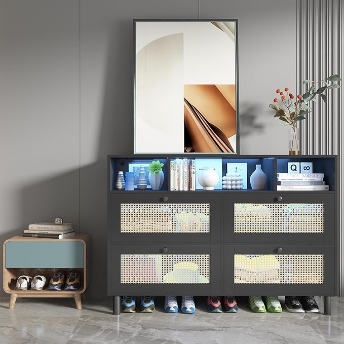 Sideboard Buffet Cabinet, Kitchen Storage Cabinet with Power Outlet & Led Lights, Accent Cabinet with 4 Rattan Doors, Black - LeafyLoom