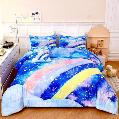 6Pcs Rainbow Bluey Girls Comforter Set Twin Gradient Glitter Bedding Sets Tie Dye Blue Girl Bed Set Soft Galaxy Kids Bed in A Bag with Sheets for All Season - LeafyLoom