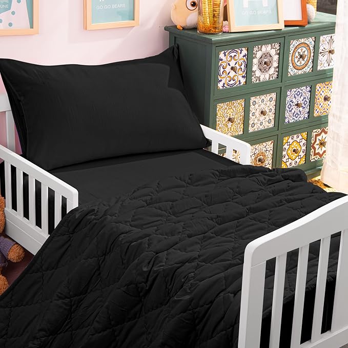 NTBAY Toddler Bedding Set - 4 Piece Soft and Breathable Crib Bedding Set for Boys and Girls, Includes Quilted Comforter, Fitted Sheet, Flat Top Sheet and Envelope Pillowcase, Black - LeafyLoom