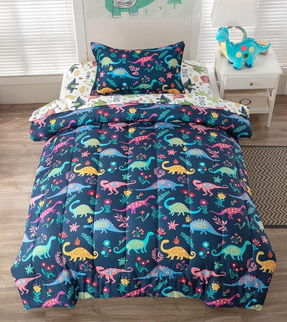 Dinosaur Twin Comforter Set for Boys Girls 4-Piece Dino Kids Bedding Sets Ultra Soft Cartoon Bedroom Set - Include Reversible Comforter, Flat Sheet, Fitted Sheet and Pillowcase, Blue - LeafyLoom