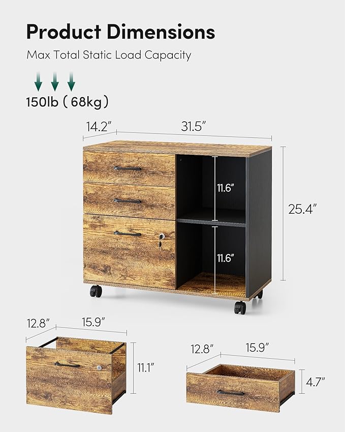 FEZIBO 3-Drawer Mobile File Cabinet, Lateral Filing Cabinet with Lock, Printer Stand with Open Storage Shelves for Home Office, Filing Cabinets for Home Office, Vintage&Black - LeafyLoom