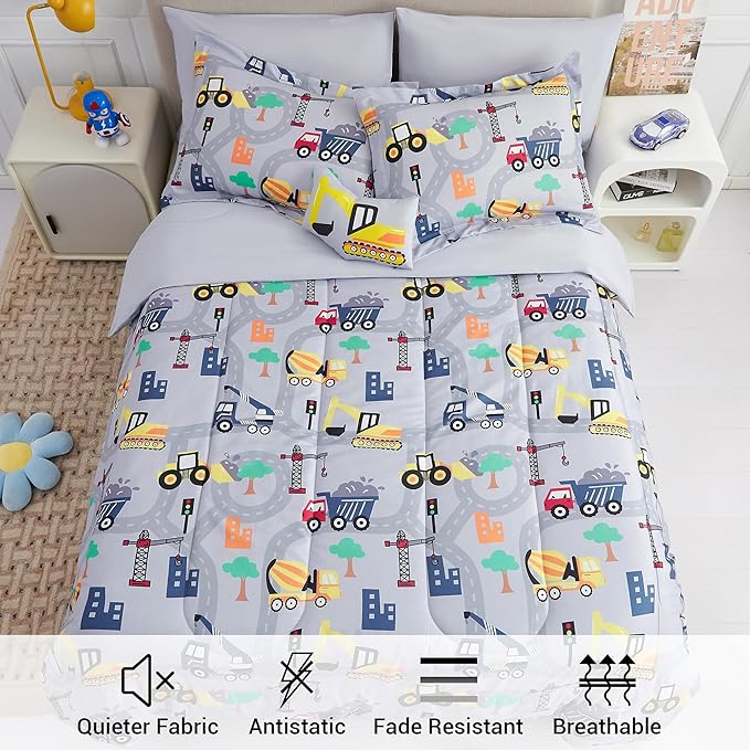 Mooreeke Bed in a Bag for Kids Boys Teens, 6 Pieces Twin Size Comforter Bed Set with Shams, Sheet Set and Decorative Toy Pillow, Excavator Super Soft Microfiber Kids Comforter Bedding Set - LeafyLoom