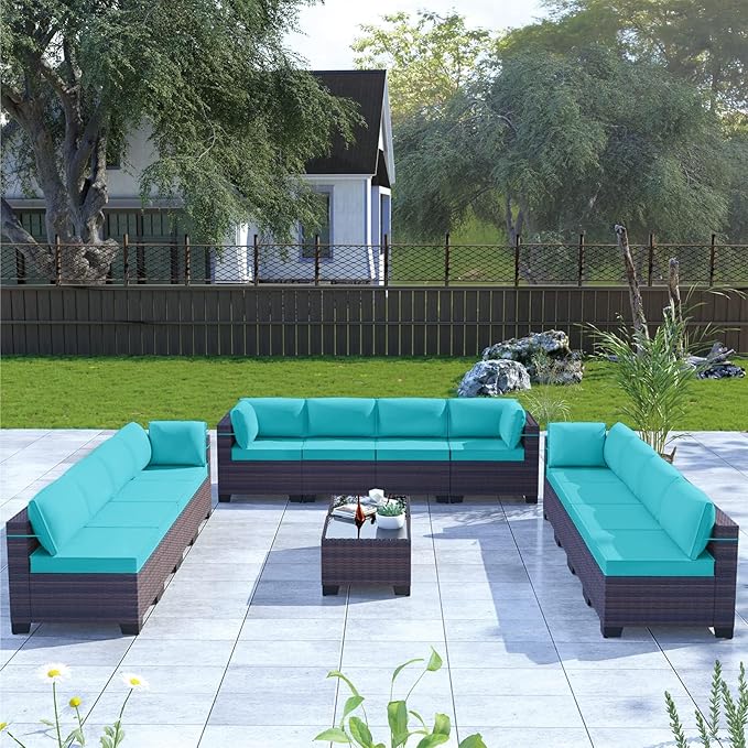 Kullavik 14PCS Outdoor Patio Furniture Set PE Wicker Rattan Sectional Sofa Patio Conversation Sets,Blue - LeafyLoom