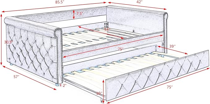 Upholstered Full Size Daybed with Trundle Bed Twin,Sofa Bedframe W/Button Tufted & Copper Nail on Round Arms,Wood Slats Support,No Spring Box Need,for Bedroom Livingroom Small Space,Grey - LeafyLoom