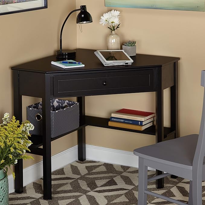 Target Marketing Systems Wood Corner Desk with One Drawer and One Storage Shelf, Black - LeafyLoom