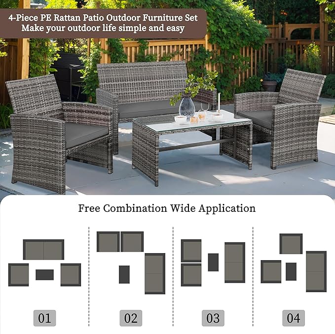 Shintenchi 4-Piece Outdoor Gray Wicker Patio Conversation Furniture Set, Rattan Patio Furniture Set with Weather Resistant Cushions and Tempered Glass Tabletop,Grey - LeafyLoom