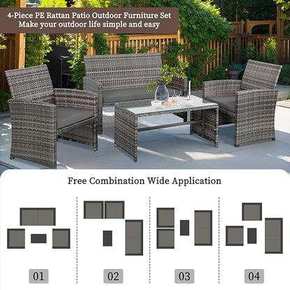 Shintenchi 4-Piece Outdoor Gray Wicker Patio Conversation Furniture Set, Rattan Patio Furniture Set with Weather Resistant Cushions and Tempered Glass Tabletop,Grey - LeafyLoom