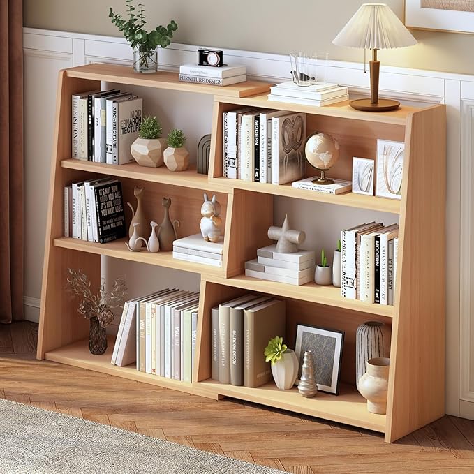 IOTXY Wooden Extendable Shelf Bookcase - 3-Tier Ladder Low Short Bookshelf for Small Space or Corner, Oak, L - LeafyLoom