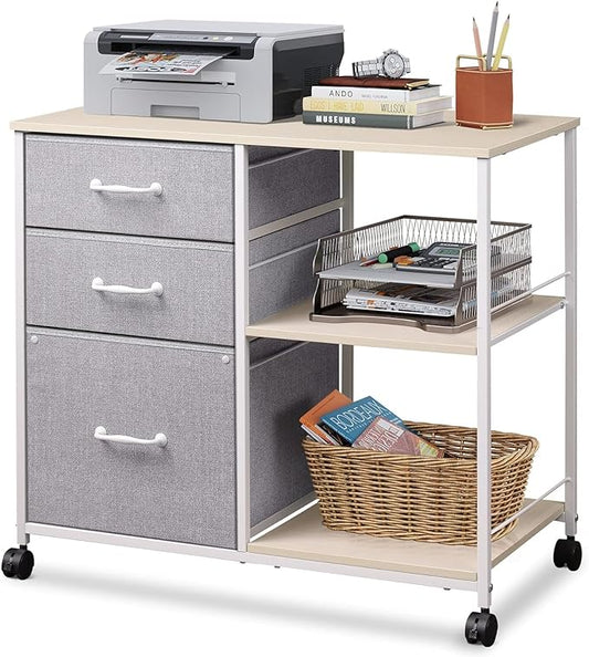 DEVAISE 3 Drawer Mobile File Cabinet, Rolling Printer Stand with Open Storage Shelf, Fabric Lateral Filing Cabinet fits A4 or Letter Size for Home Office, Light Grey - LeafyLoom