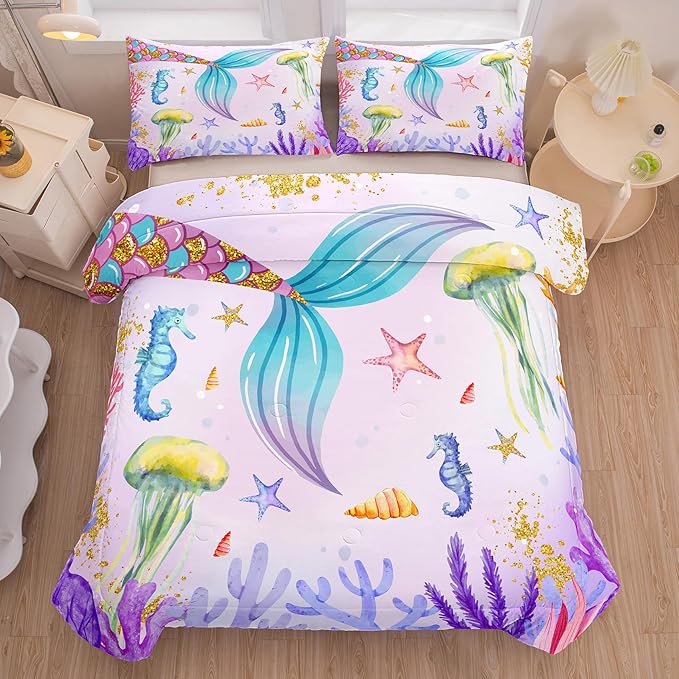 NINENINE Girls Mermaid Bedding Set,Mermaid Tail Comforter Set,Twin Size Bedding Sets for Girls,Princess Toddler Bedding Sets for Girls with 1 Comforter 1 Pillowcase… - LeafyLoom