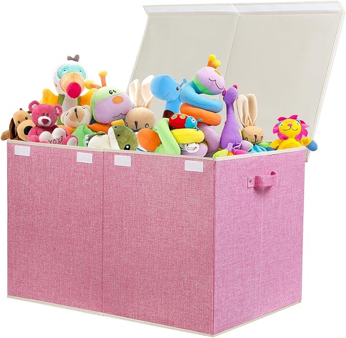 popoly 122L Large Toy Box Chest with Lid, Foldable Toy Storage Organizer Bin Boxes with Removable Divider for Kids, Boys, Girls, Nursery, Playroom, 26"x17" x17"(Linen Pink) - LeafyLoom