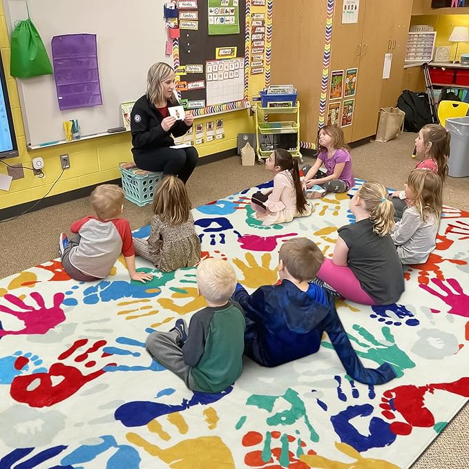 Large Kids Rug for Playroom, 8'x10' Handprints and Footprints Colorful Rug for Classroom, Non-Slip Washable Rug for Nursery, Soft Throw Carpet Indoor Playmat for Kids Room Dorm Bedroom - LeafyLoom