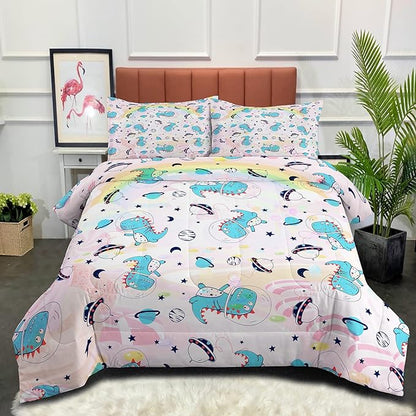 NINENINE Pink Dinosaur Bedding Set Colorful Rainbow Castle UFO Space Theme Comforter Set,Full Size Kids Bedding Sets for Boys Girls, Little Dinosaur Comforter Set with 1 Comforter 2 Pillowcases - LeafyLoom