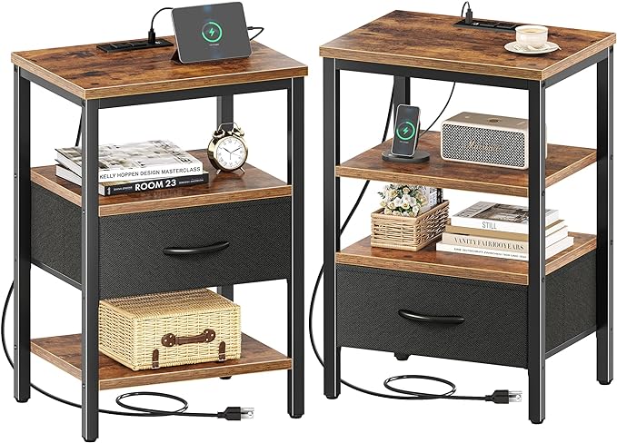 SUPERJARE Nightstand Set of 2, Bed Side Tables with Charging Station, Adjustable Fabric Drawer, Night Stand for Bedroom, 3-Tier Storage End Tables, for Living Room, Rustic Brown and Black - LeafyLoom